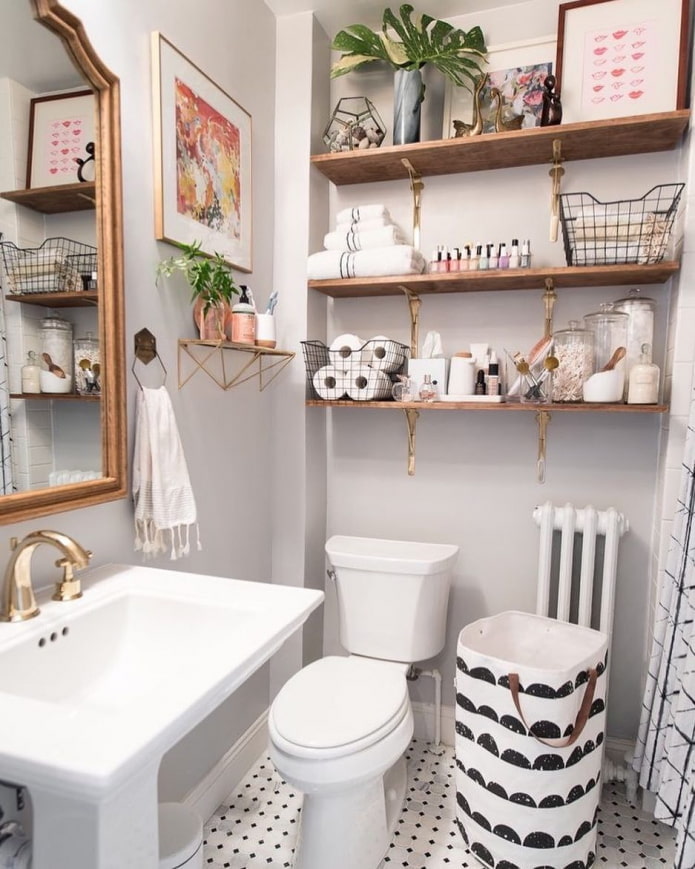 Wooden shelves in the bathroom