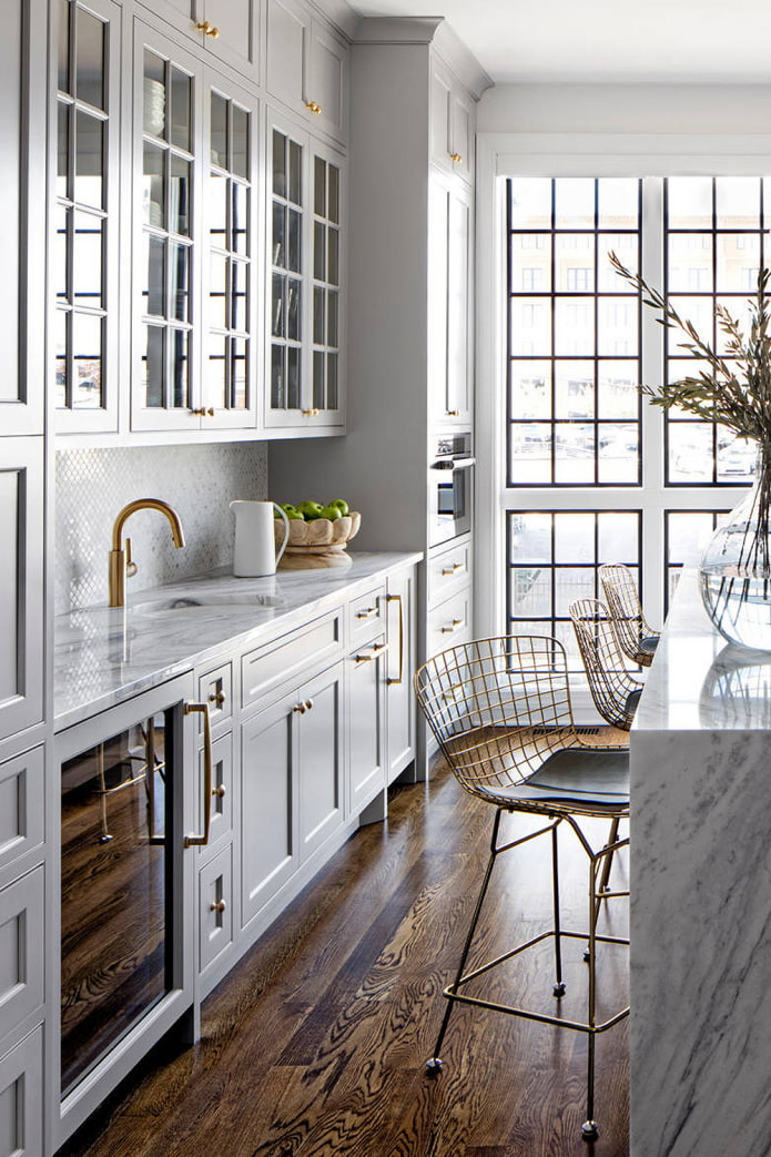 gray kitchen with marble countertop