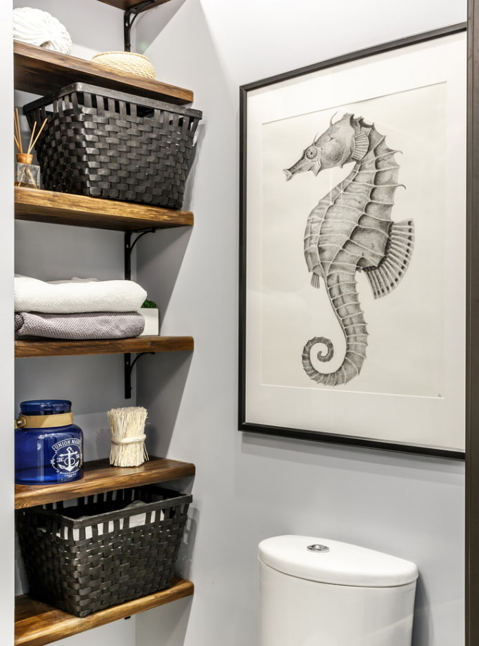 Baskets on the shelves in the bathroom