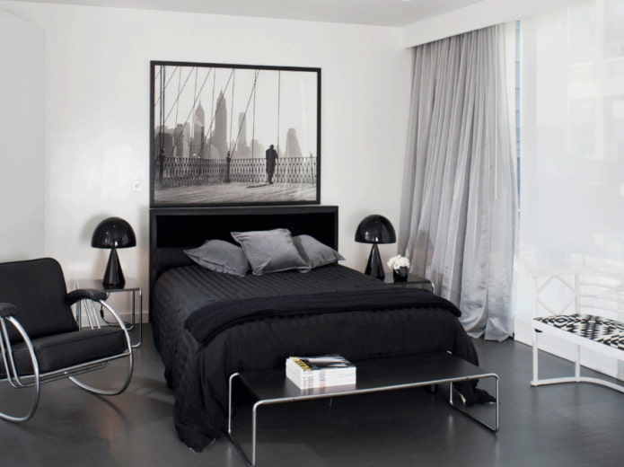monochrome bedroom with dark floor