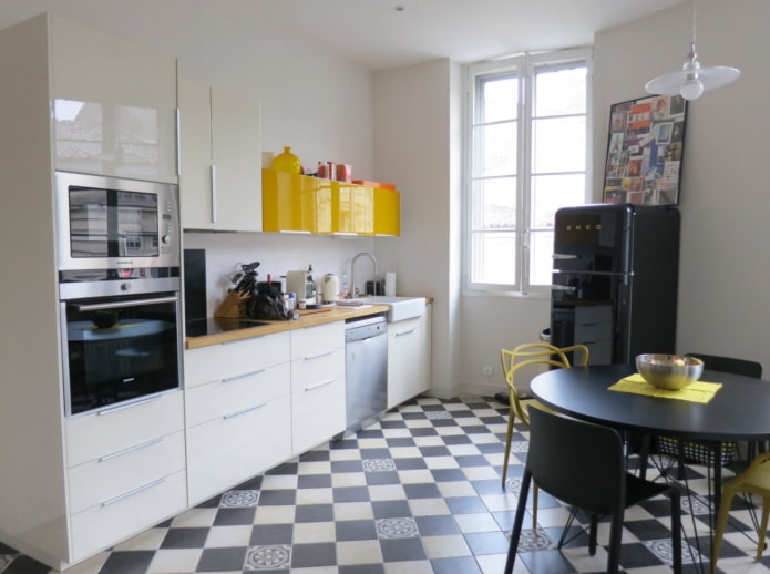 checkerboard floor in the kitchen
