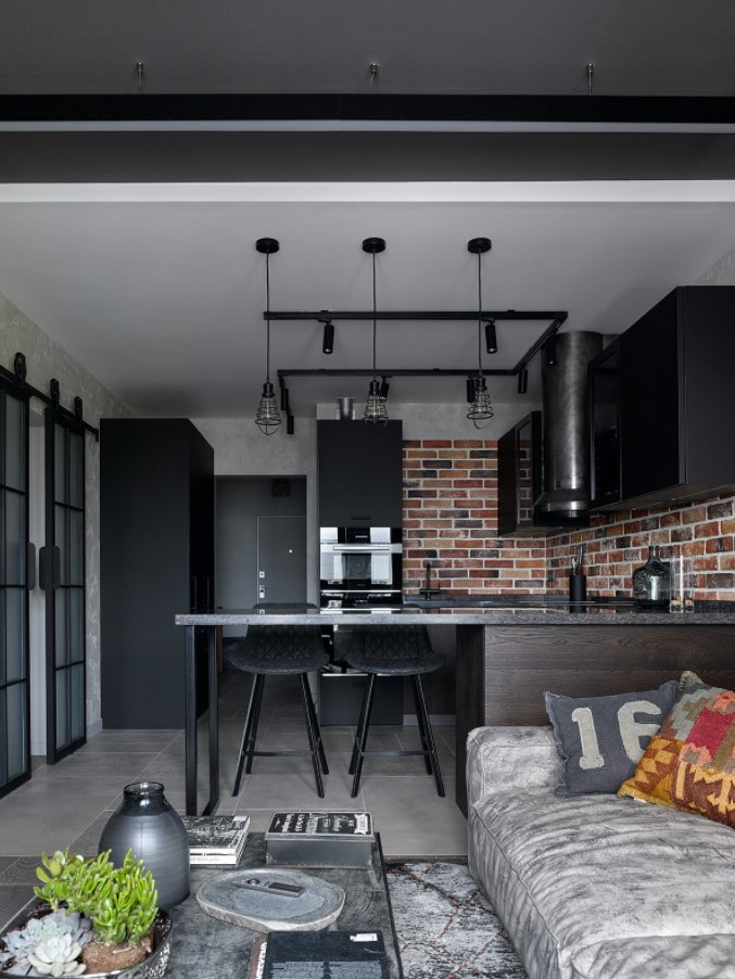 loft-style studio with a bar