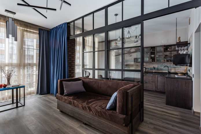 glass wall in the kitchen-living room