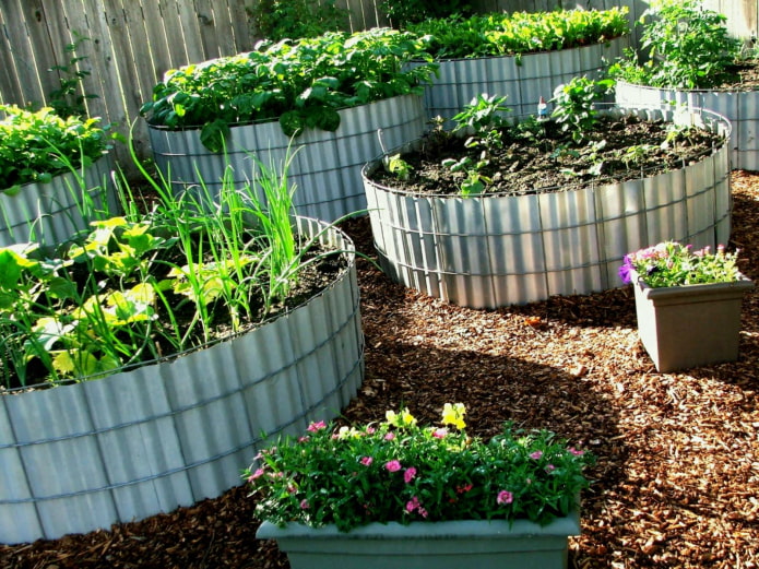 round high flower beds made of corrugated board with a wire frame