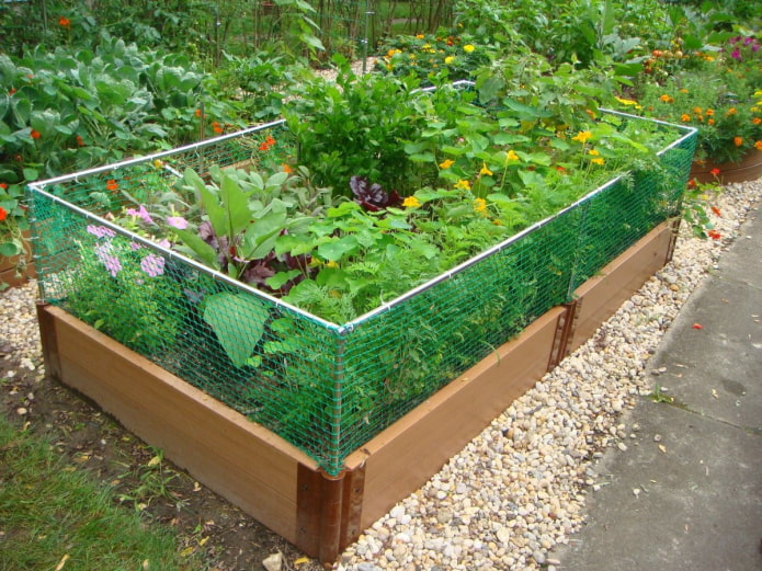 border for a flower bed made of boards with a grid on top