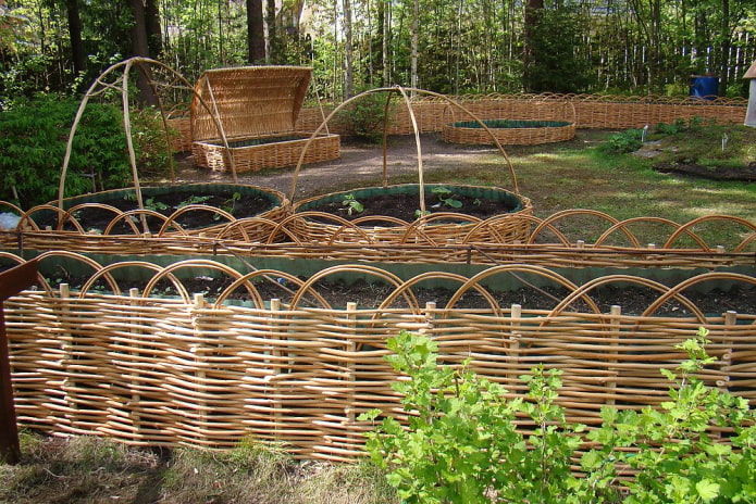 flowerbeds-baskets and wicker fence made of vines