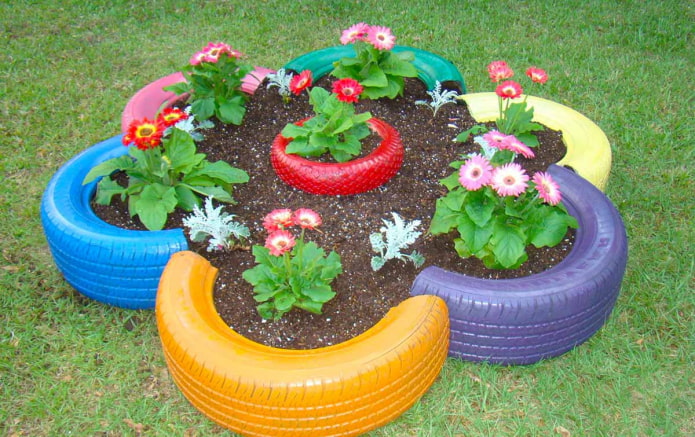 flower bed made of painted tires