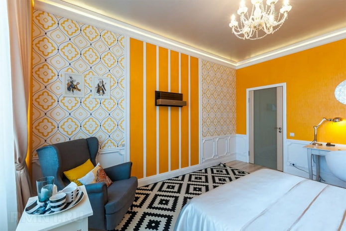 insert of bright yellow vertical stripes on the bedroom wall insert of bright yellow vertical stripes on the bedroom wall
