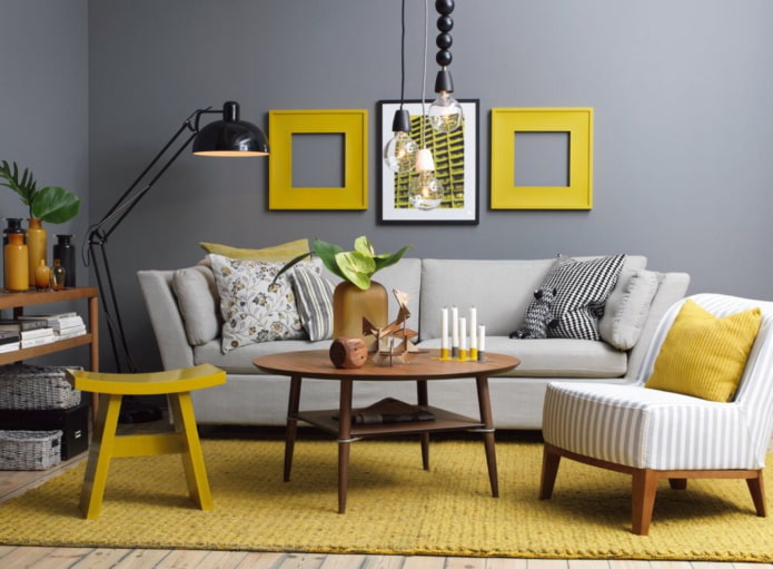 yellow accents in a gray and white living room yellow accents in a gray and white living room