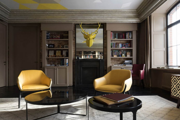Scandinavian style living room with yellow leather armchairs Scandinavian style living room with yellow leather armchairs