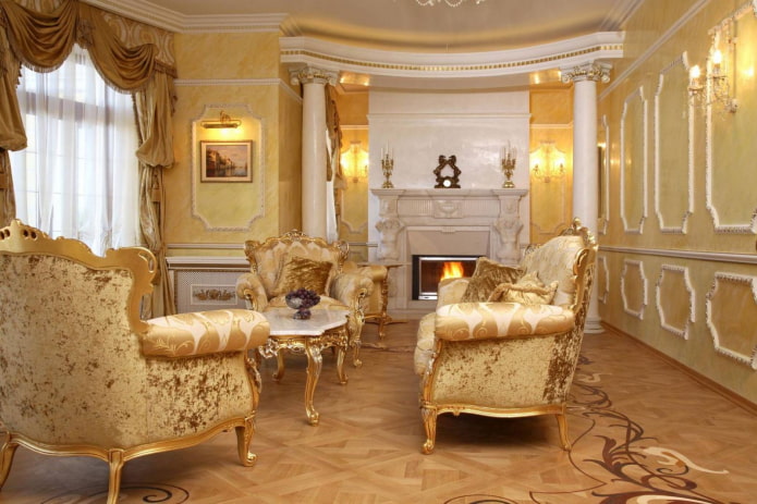 living room in baroque style in golden yellow tones living room in baroque style in golden yellow tones