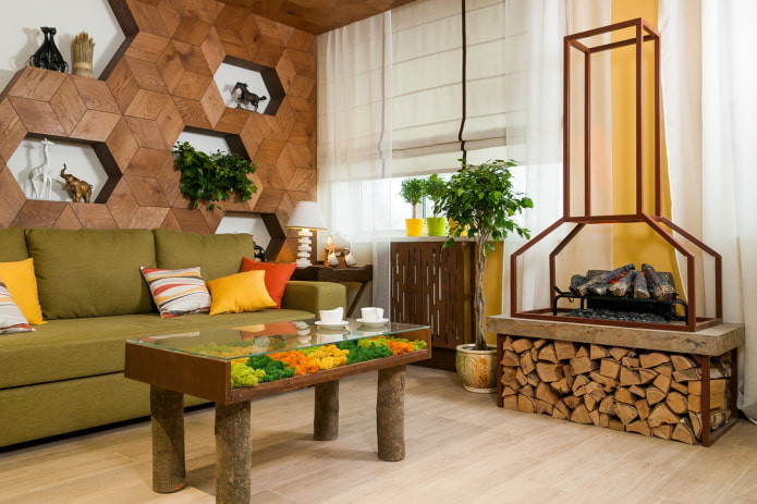 living room in eco-style with yellow and orange accents living room in eco-style with yellow and orange accents