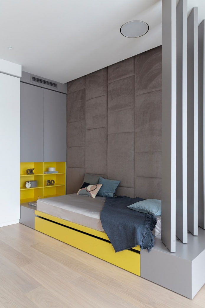 bedroom in the style of minimalism with yellow details bedroom in the style of minimalism with yellow details