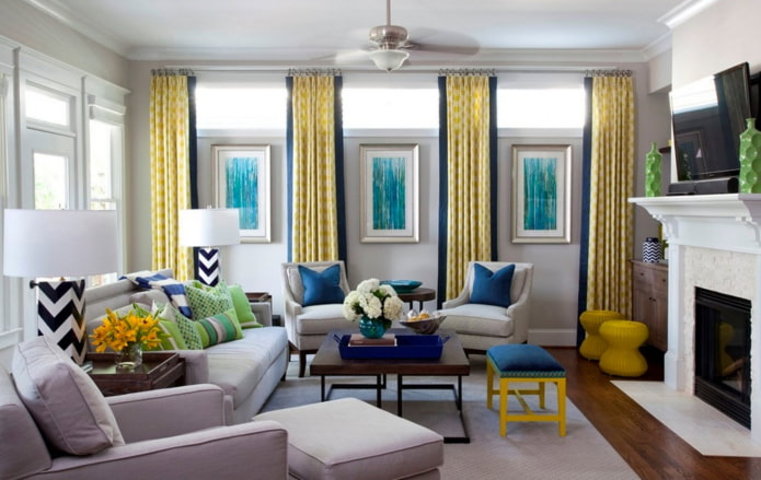 modern white living room with yellow and blue accents modern white living room with yellow and blue accents