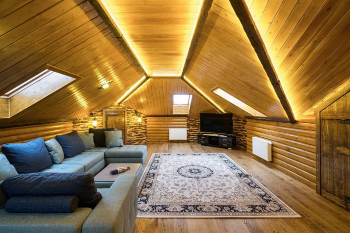 lighting along the beams of the wooden ceiling lighting along the beams of the wooden ceiling