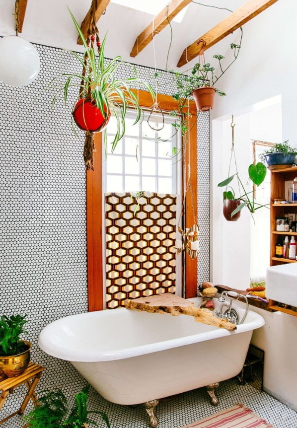 boho style bathroom plants