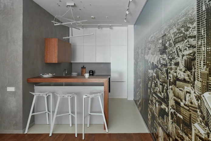 3D wallpaper in a small gray and white kitchen 3D wallpaper in a small gray and white kitchen