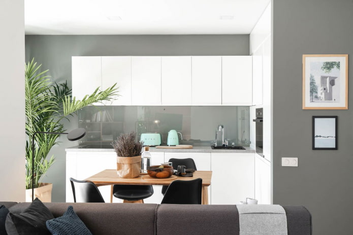 kitchen with gray-green walls and snow-white glossy furniture kitchen with gray-green walls and snow-white glossy furniture