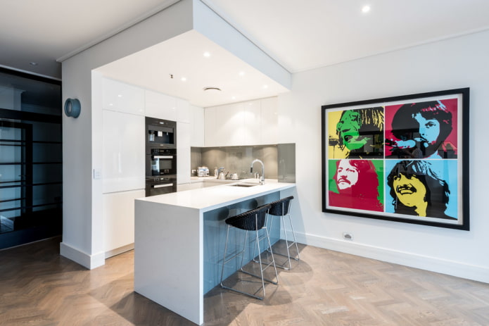 posters in the bright interior of the kitchen