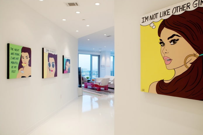 hallway in light colors with bright posters