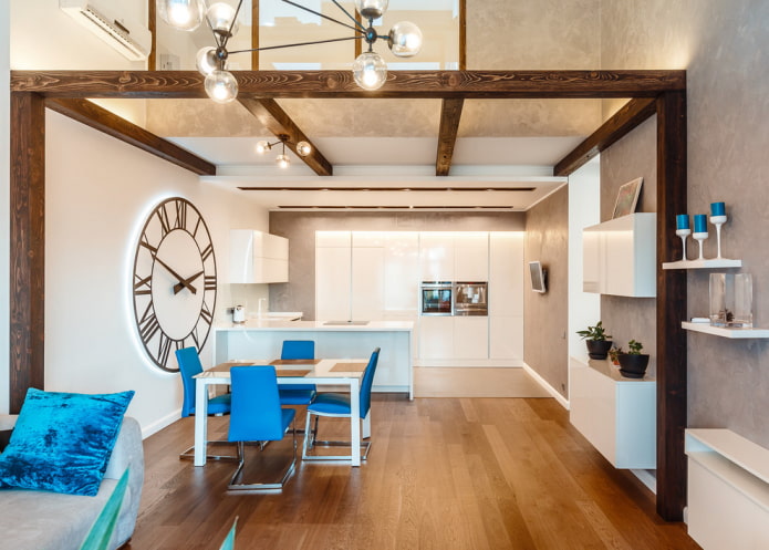 lacquered beams in the kitchen-living room lacquered beams in the kitchen-living room