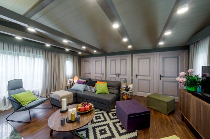 Spotlights mounted in beams on the ceiling Spotlights mounted in beams on the ceiling