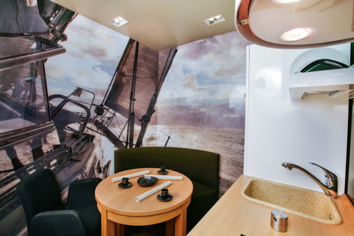 photo wallpaper near the sofa in the kitchen