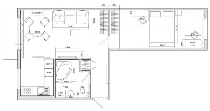 layout in a two-room Khrushchev 44 sq. m.