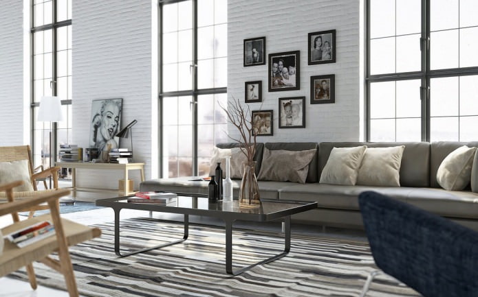 White brick wall in the interior of the living room