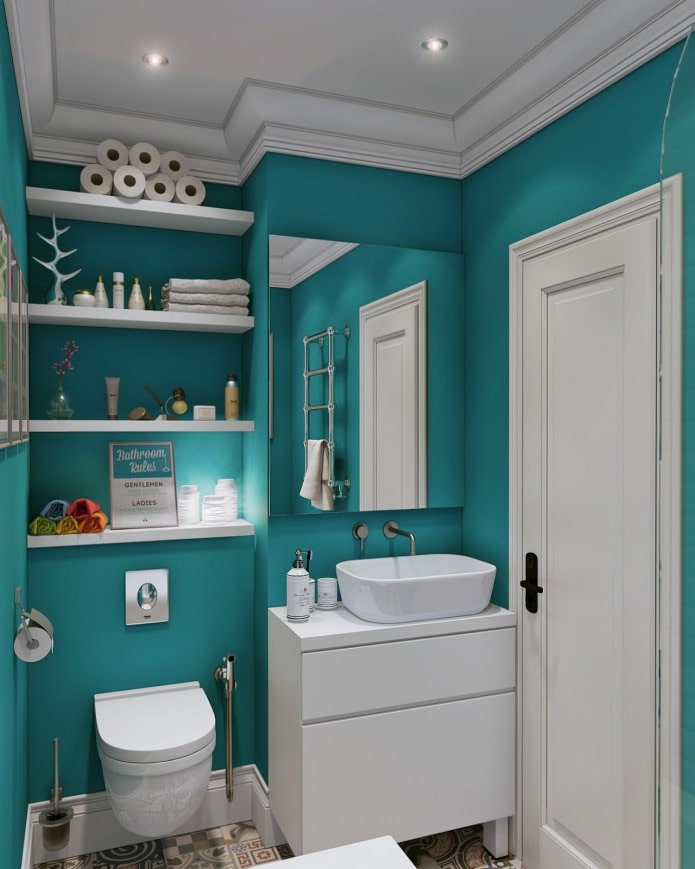 bathroom in the interior design of a small studio apartment of 24 sq. m.