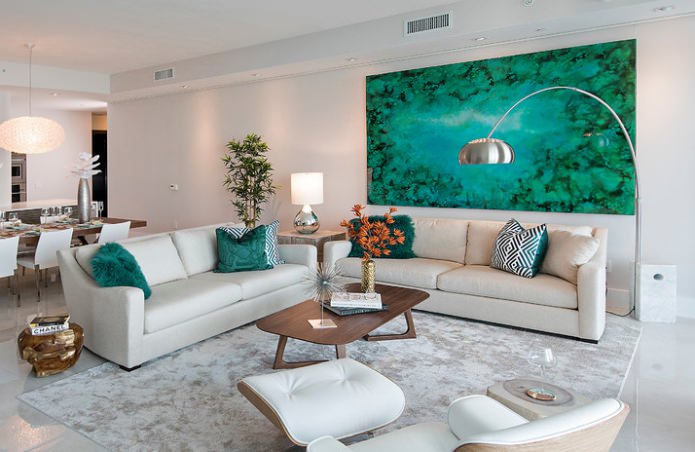 painting and pillows in aquamarine tones painting and pillows in aquamarine tones