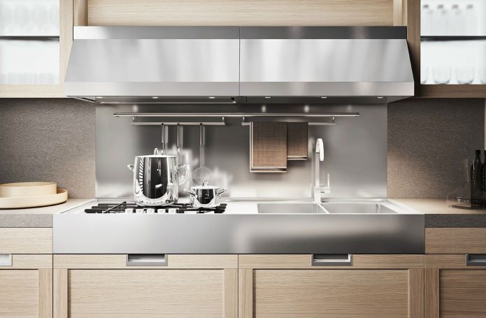 Steel apron in the interior of the kitchen