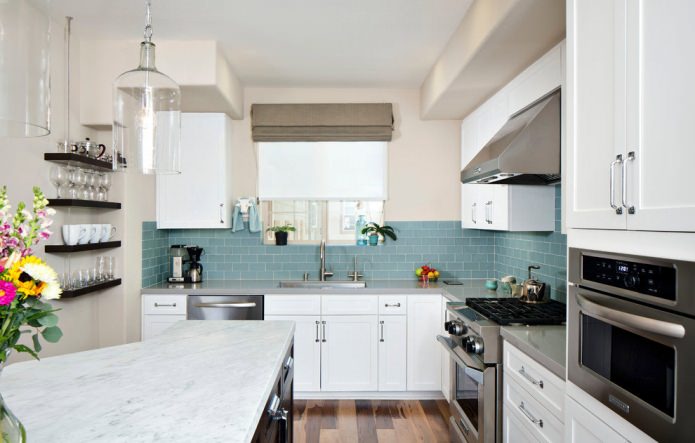 blue kitchen apron under the brick