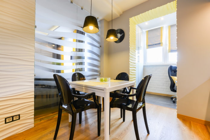 An arched doorway connects a room with a balcony