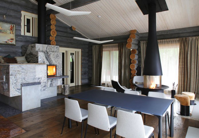 interior decoration of a log house in a modern style interior decoration of a log house in a modern style