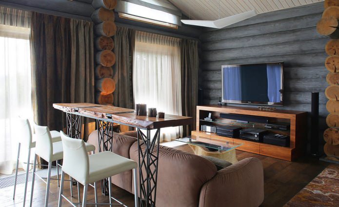 interior decoration of a log house in a modern style interior decoration of a log house in a modern style