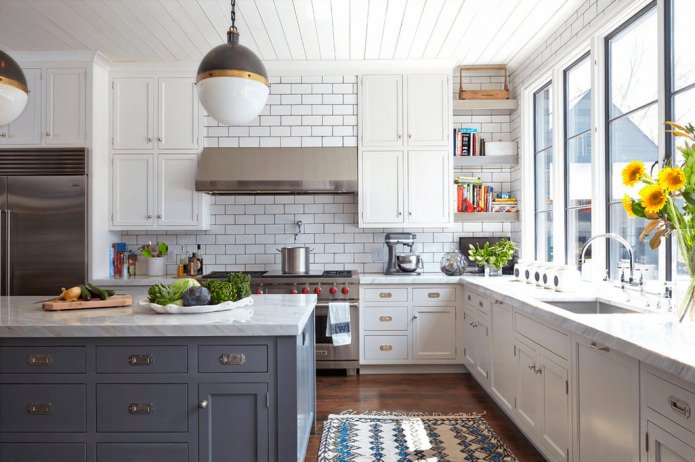 White brick in the design of the kitchen