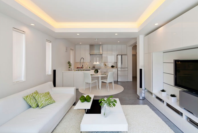 Kitchen-living room interior in white