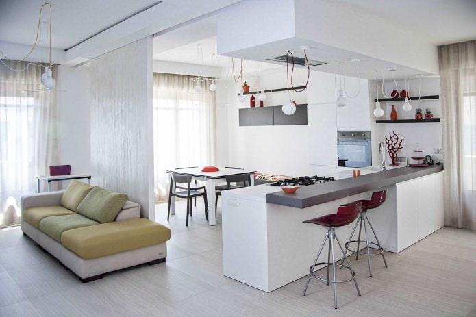 Kitchen-living room interior in white