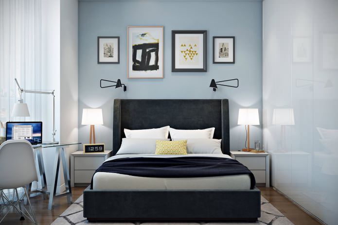 bedroom with a workplace in the design of an apartment of 41 sq. m. bedroom with a workplace in the design of an apartment of 41 sq. m.