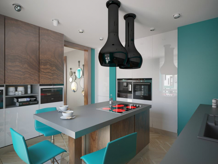 an overview of the kitchen with an island