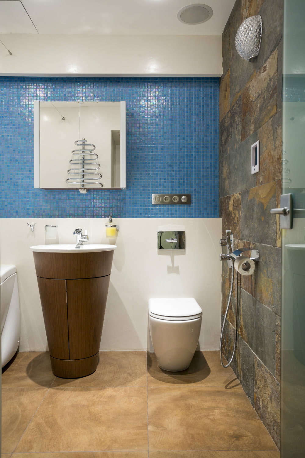 Bathroom in the design of a two-room apartment of 43 sq. m. Bathroom in the design of a two-room apartment of 43 sq. m.