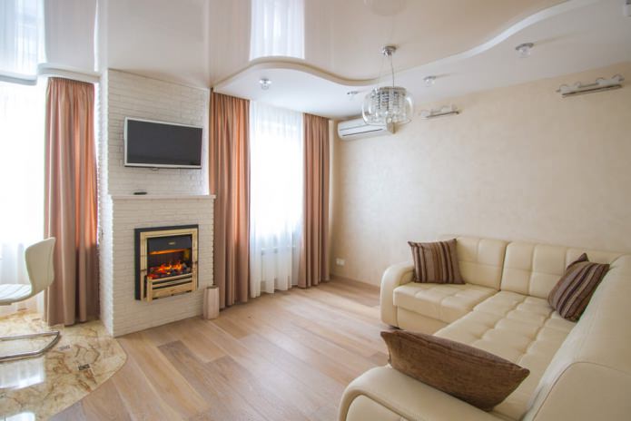 two-level stretch ceiling in the kitchen-living room