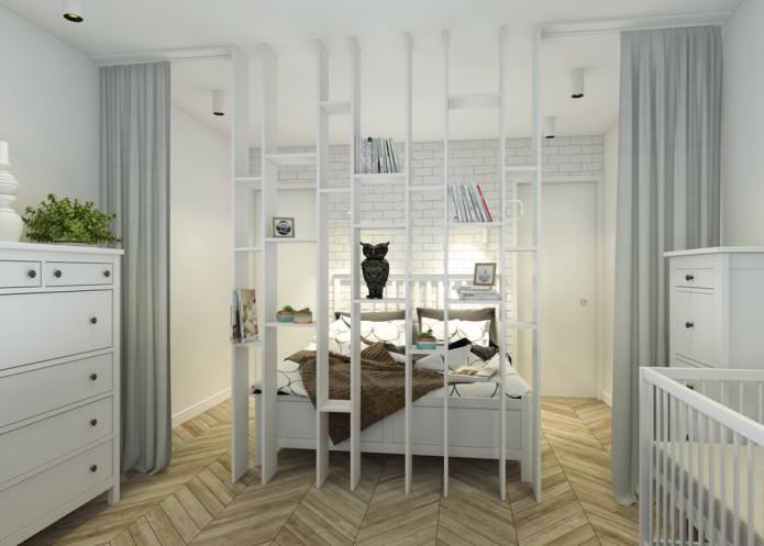 bedroom with a nursery in the design of an apartment of 65 sq. m. bedroom with a nursery in the design of an apartment of 65 sq. m.