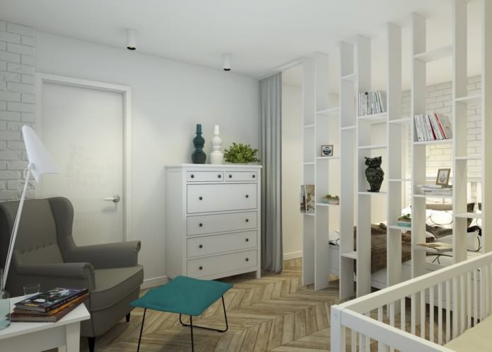 bedroom with a nursery in the design of an apartment of 65 sq. m. bedroom with a nursery in the design of an apartment of 65 sq. m.