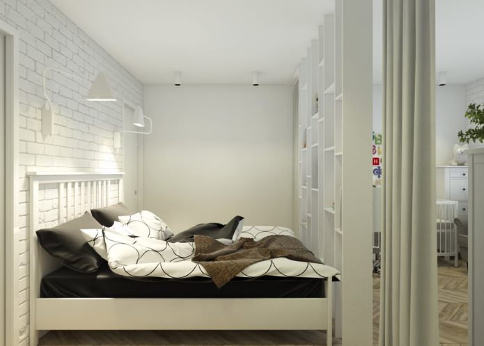 bedroom with a nursery in the design of an apartment of 65 sq. m. bedroom with a nursery in the design of an apartment of 65 sq. m.