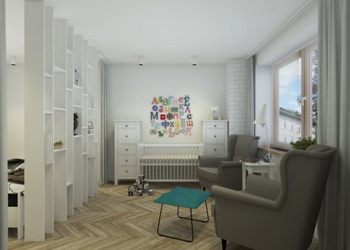 bedroom with a nursery in the design of an apartment of 65 sq. m. bedroom with a nursery in the design of an apartment of 65 sq. m.