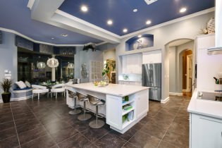 Blue ceiling in the interior: design features, types, combinations, design, photo