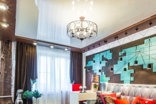 Combined stretch ceilings: combination in color, texture, with other materials, multilevel