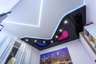 Stretch ceiling with lighting: types (perimeter, inside), color, ideas for different types of ceilings